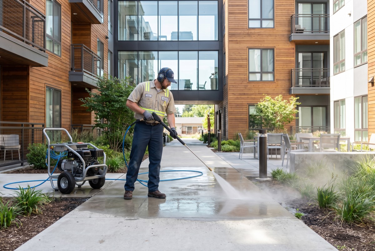 Pressure washing a breezeway walkway at a modern apartment community in Sherman, TX