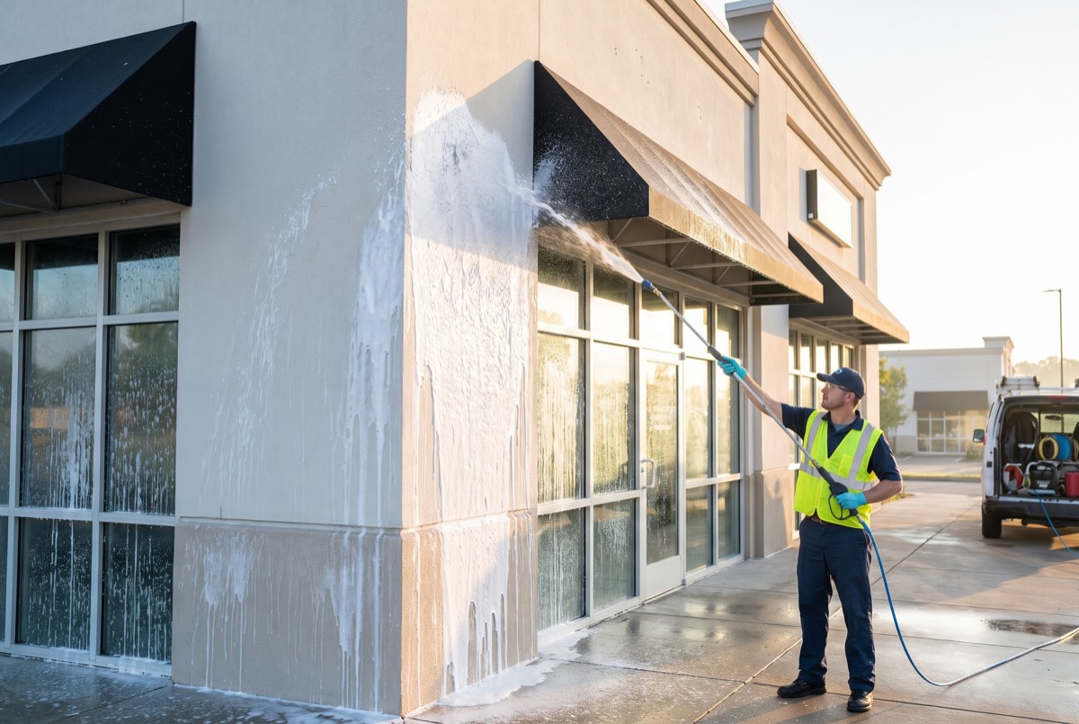 Technician soft washing a commercial storefront facade with foam in Sherman, TX